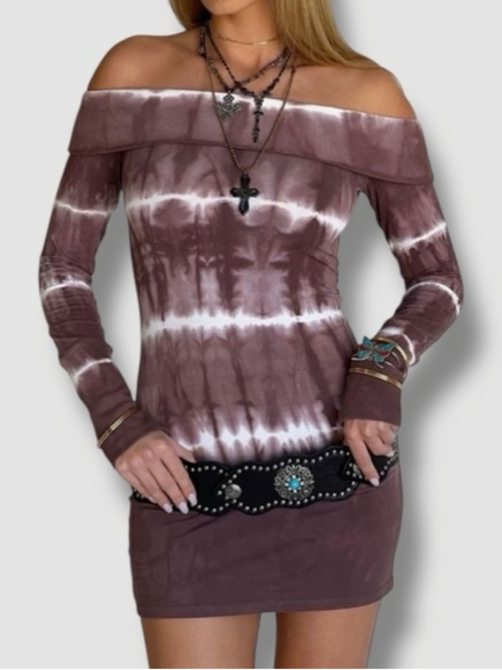 Frankies Bikinis Brown Tie Dye Off Shoulder Mini Dress XS